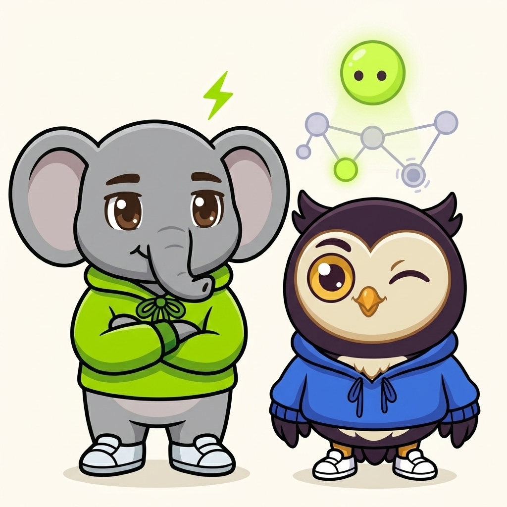 Elphup and Owli study a glowing knowledge map