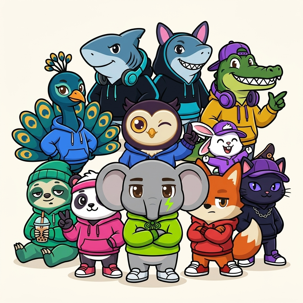The Elphup squad: Elphup, Owli, Wave, Crix, Peeku, Slomo, Pandi, Vex, Bounce and Nova