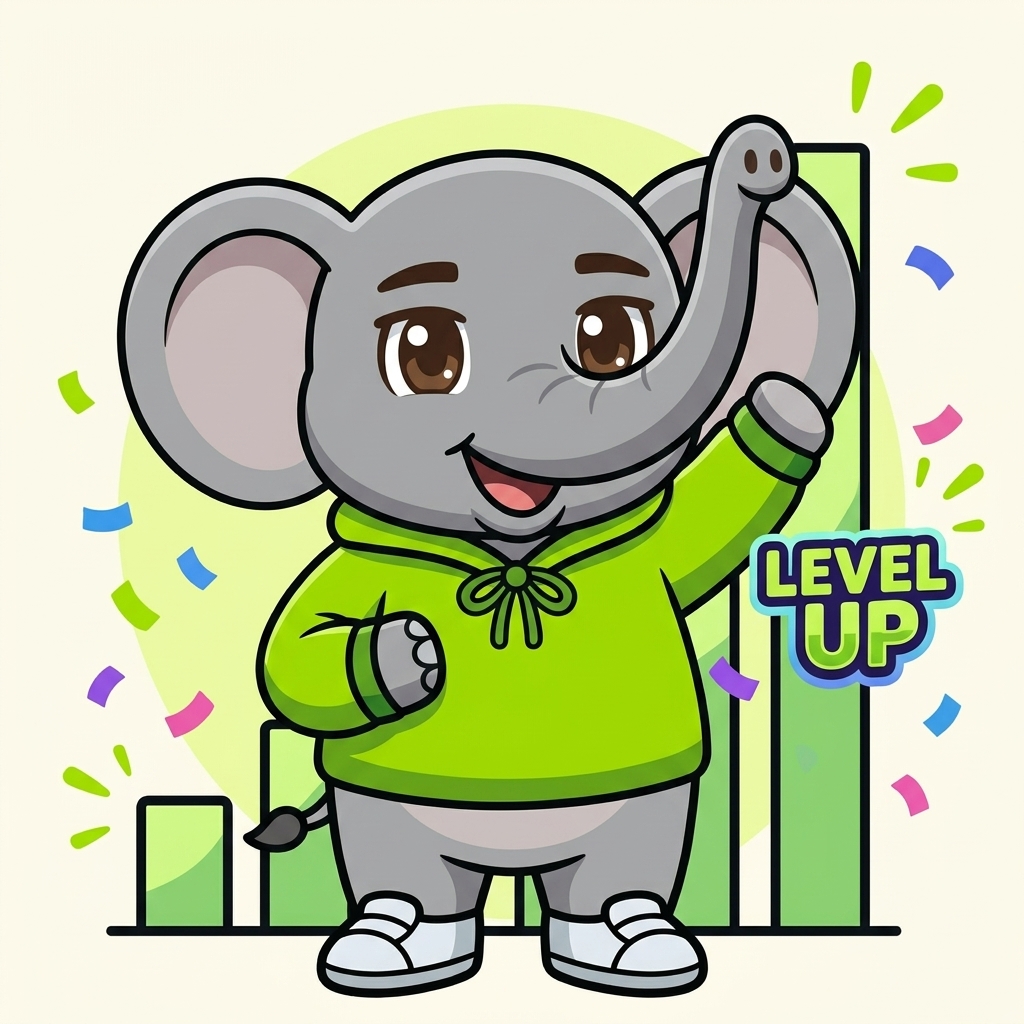 Elphup celebrates a level-up as a progress chart climbs behind it