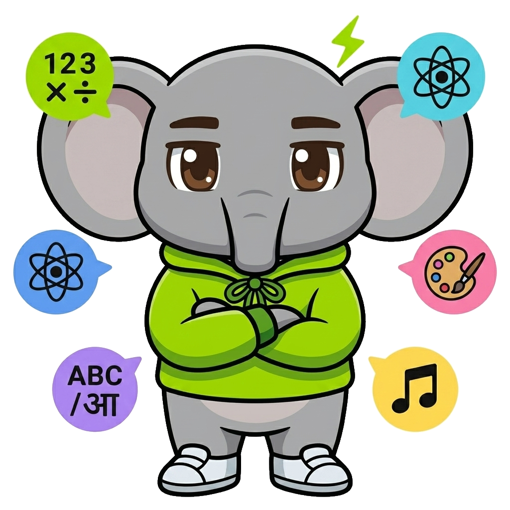 Elphup surrounded by floating subject symbols